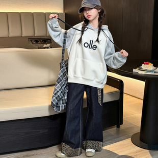 女大童时髦洋气儿童秋装 休闲连帽卫衣套装 牛仔 韩版 女童秋季