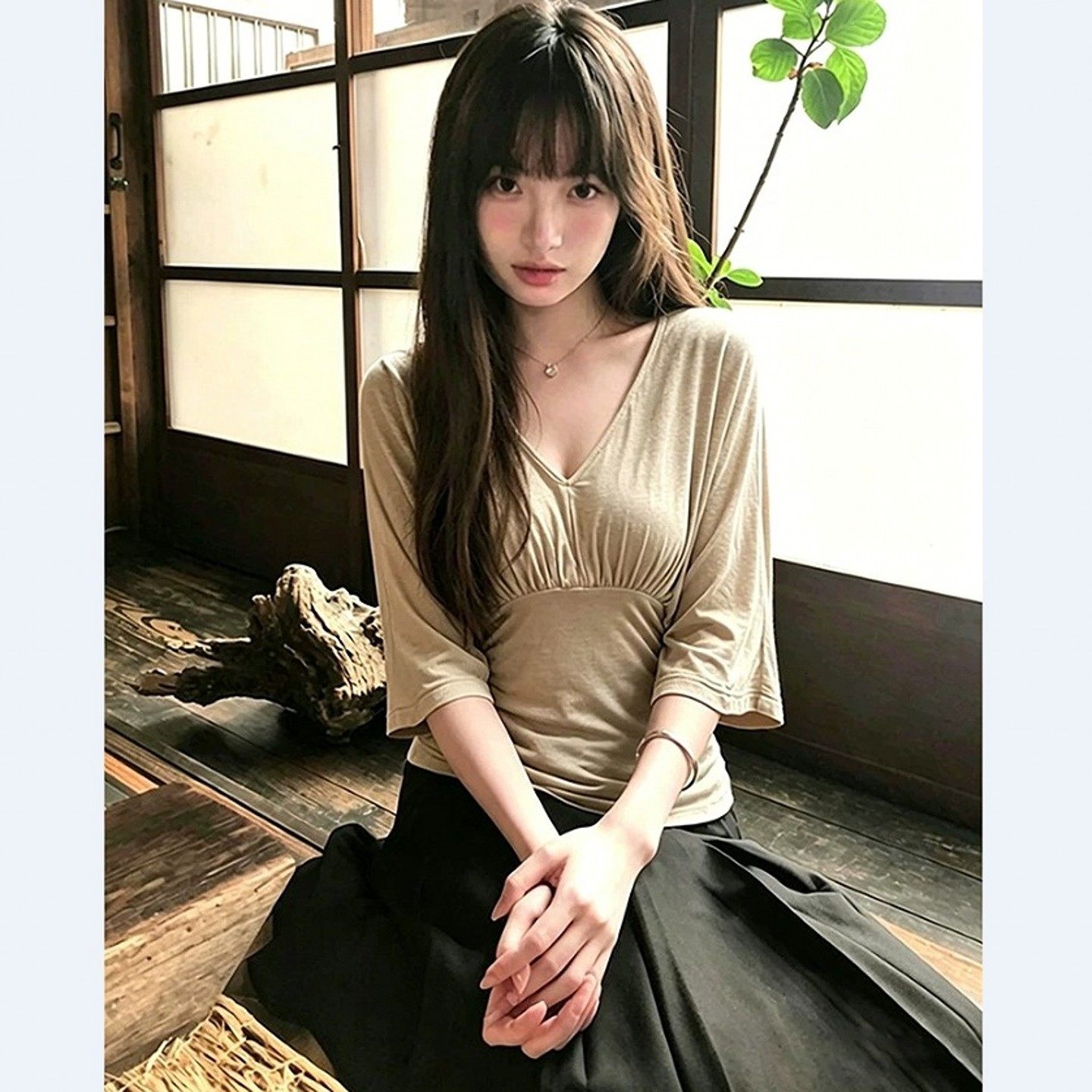 韩系正肩V领五分蝙蝠短袖t恤女装夏季设计感褶皱收腰显瘦半袖上衣