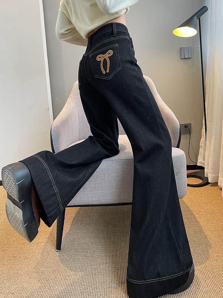 黑色阔腿牛仔裤女冬季加绒保暖大码胖mm显瘦高腰刺绣微喇拖地裤子