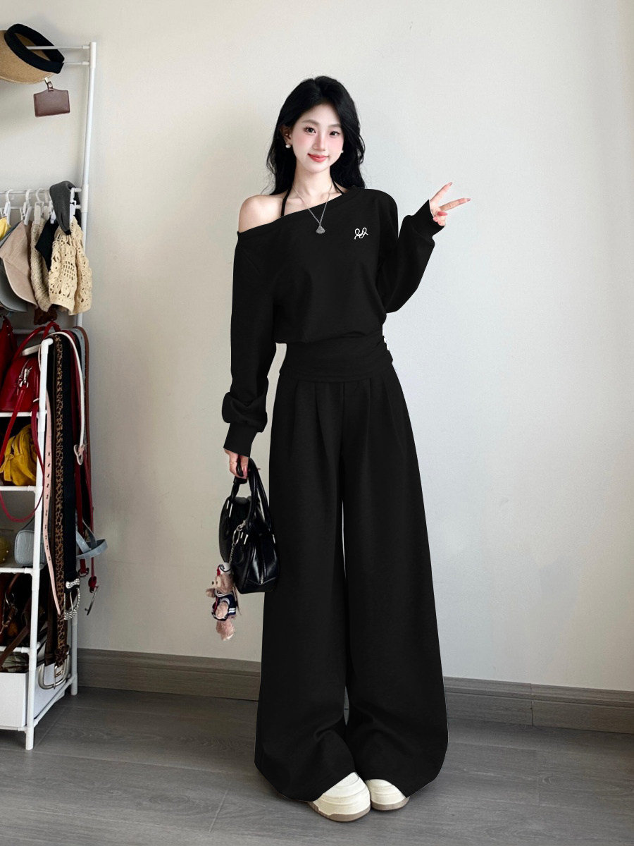 韩系高级感运动套装女秋季显瘦时尚露肩长袖卫衣阔腿裤休闲两件套