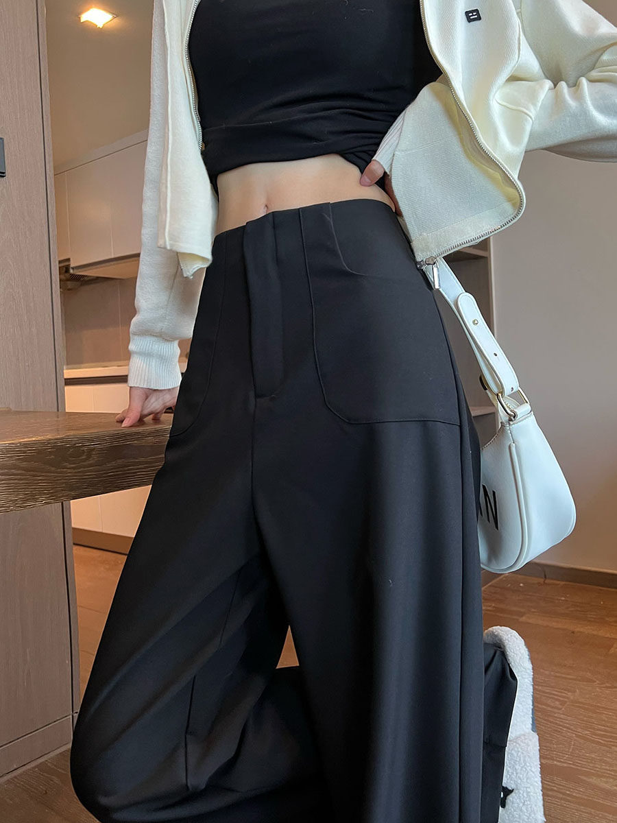 黑灰色阔腿裤女高腰垂感高级感西装裤休闲拖地窄版直筒裤春秋夏季