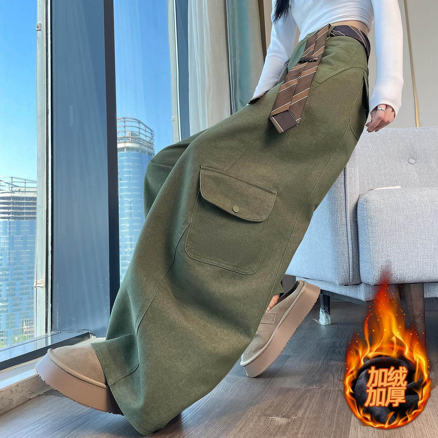 军绿色潮酷弯刀裤女秋冬高腰窄版运动美式街头加绒保暖阔腿工装裤