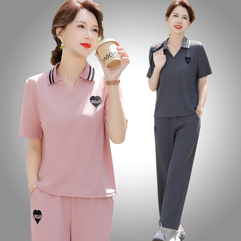 中年妇女夏季套装短袖翻