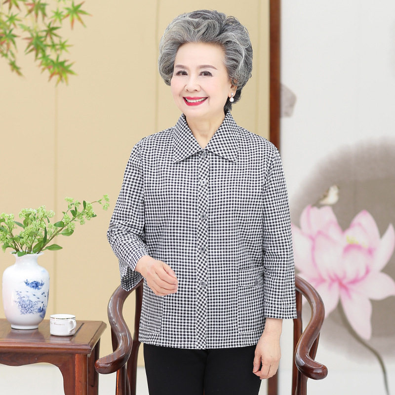中老年人女装春秋格子衬