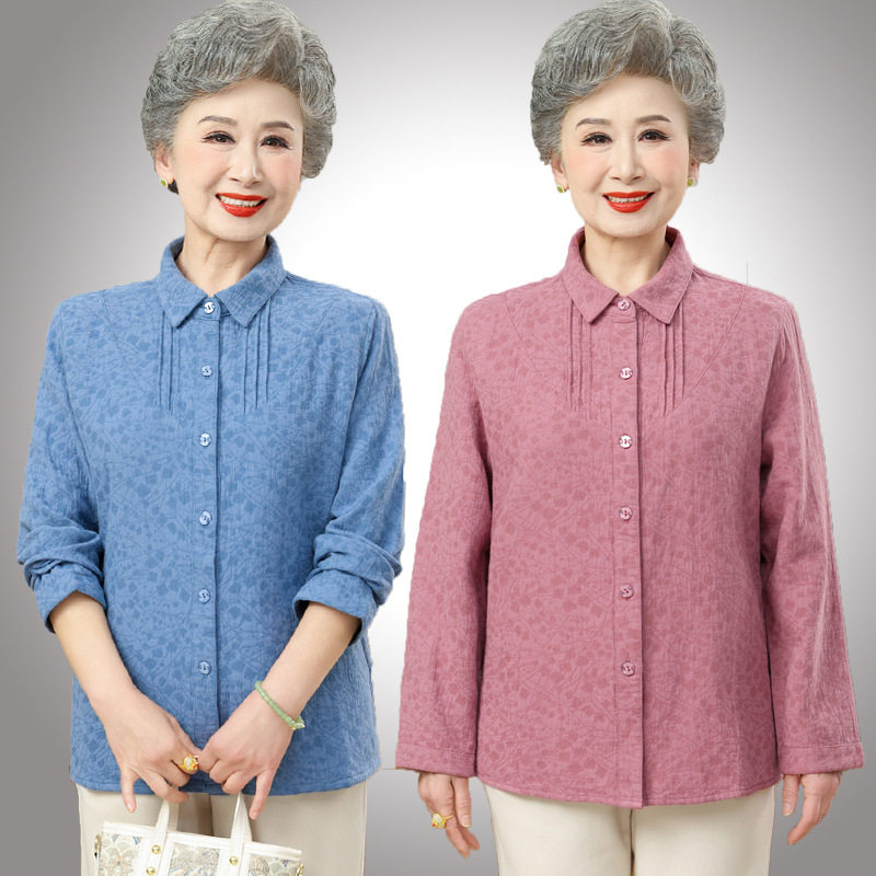 妈妈长袖纯棉衬衫老年人