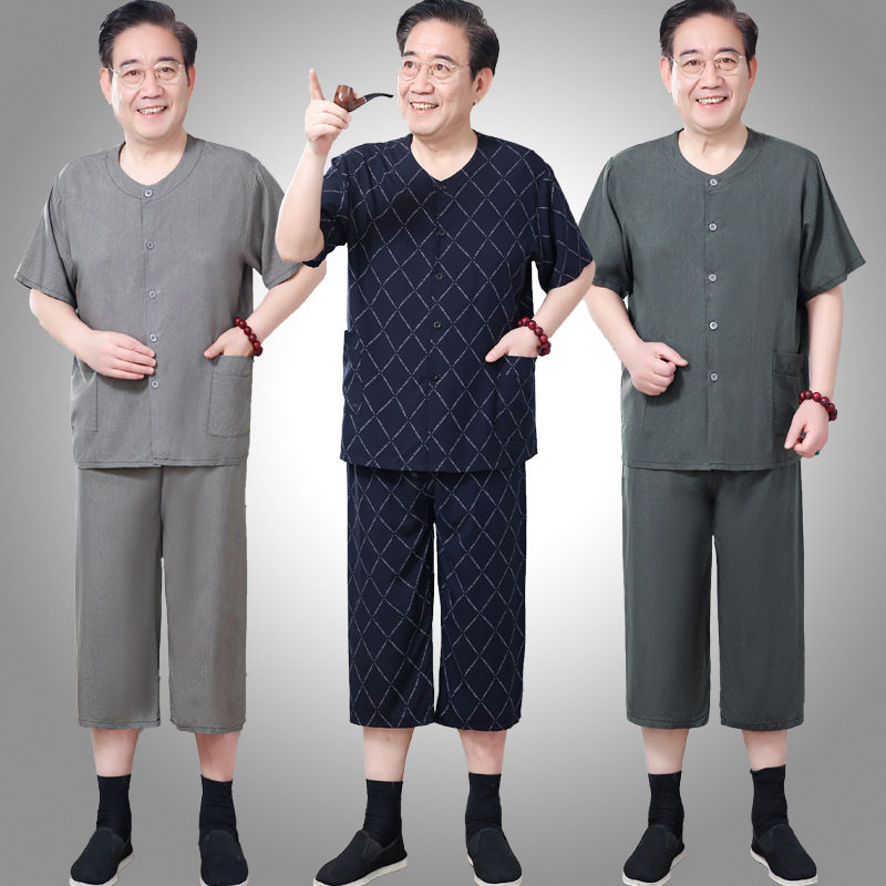 中老年男士夏季棉绸套装