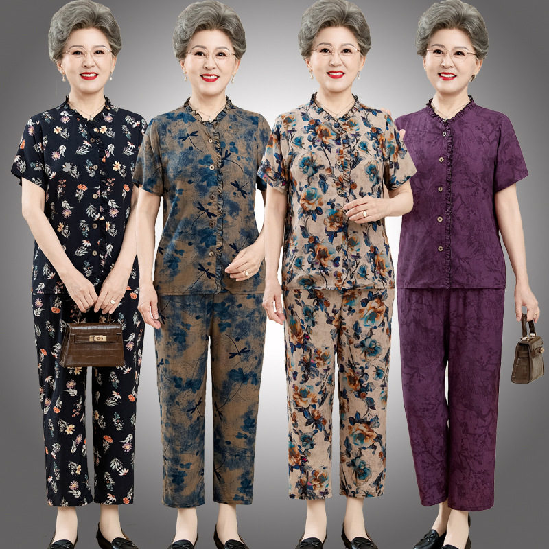 中老年夏装女短袖棉绸套