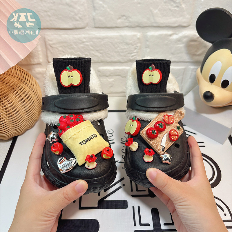 新款西红柿苹果秋冬加绒洞洞鞋可拆卸儿童棉拖鞋冬款冬季保暖厚底
