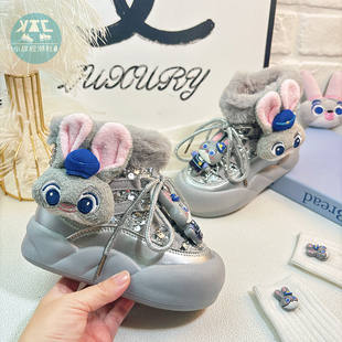 儿童银色兔子警官雪地靴女孩宝宝冬季2025新款棉鞋马丁靴动物城