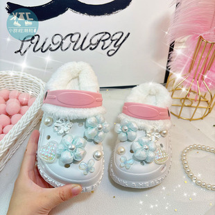 女童宝宝加绒保暖新款洞洞鞋冬季冬天家用软底拖鞋幼儿童室内鞋子