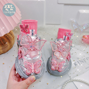 女童粉色蝴蝶皮面防水跑步运动鞋女款秋冬款儿童鞋子防滑2025新款