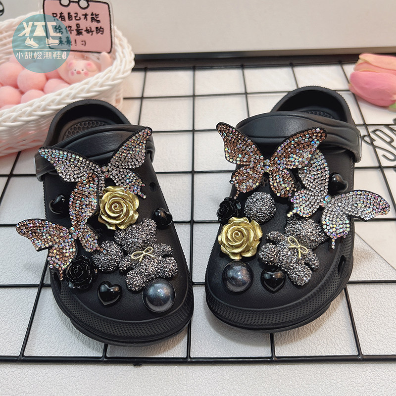 黑色水钻蝴蝶花朵配饰diy材料洞洞鞋拖鞋 上班穿的鞋子平底可外穿