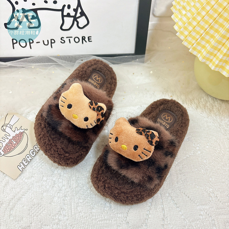 女童女孩豹纹棉拖鞋2026新款小学生儿童防滑保暖鞋子家居室内棉鞋