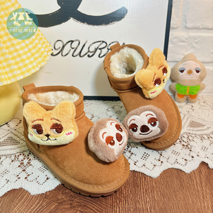 女童巨好看栗色可爱卡通加绒雪地靴2025年新款冬季儿童中大童冬鞋