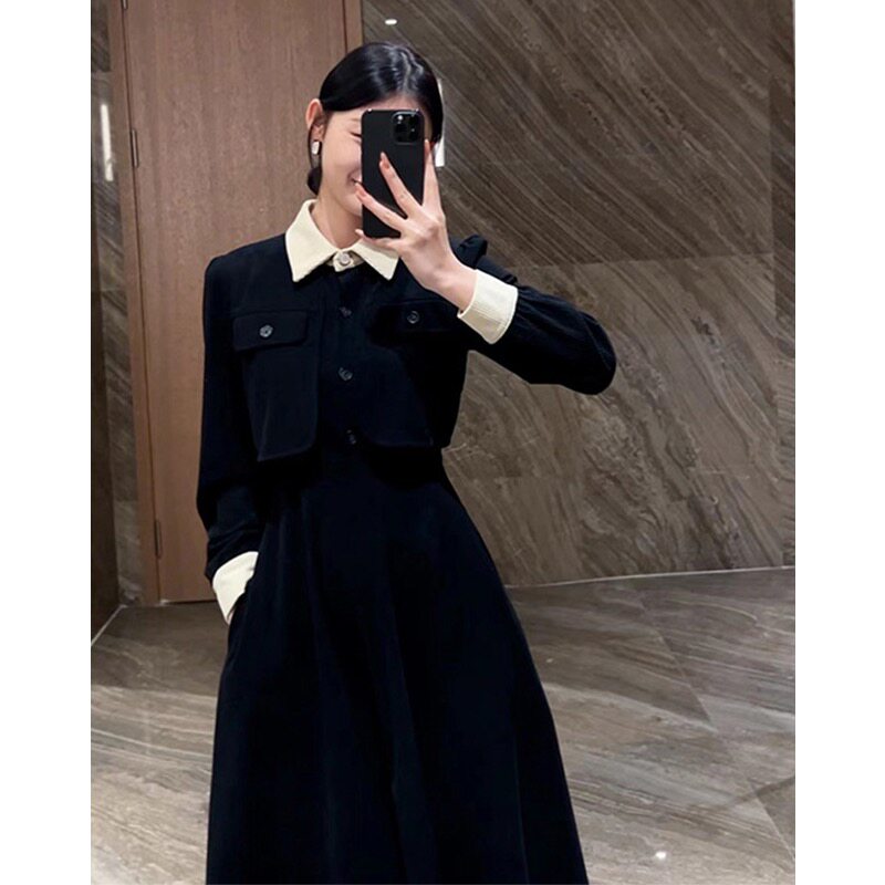 韩系拼接哺乳连衣裙春秋季外出辣妈款产后时尚polo领显瘦喂奶衣服