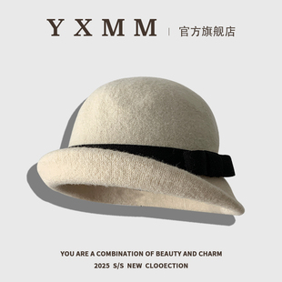 豪门晚宴穿搭卷边气质羊毛渔夫帽女圆顶蝴蝶结优雅小礼帽秋冬保暖