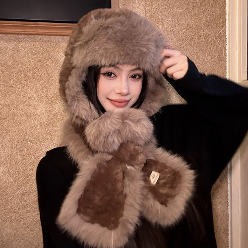 防寒保暖护耳毛绒帽子围巾套装冬