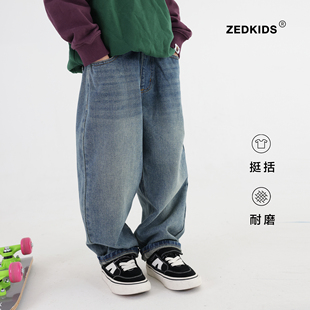 儿童水洗蓝抓绒牛仔裤秋冬款百搭男童休闲宽松牛仔长裤中大童裤子