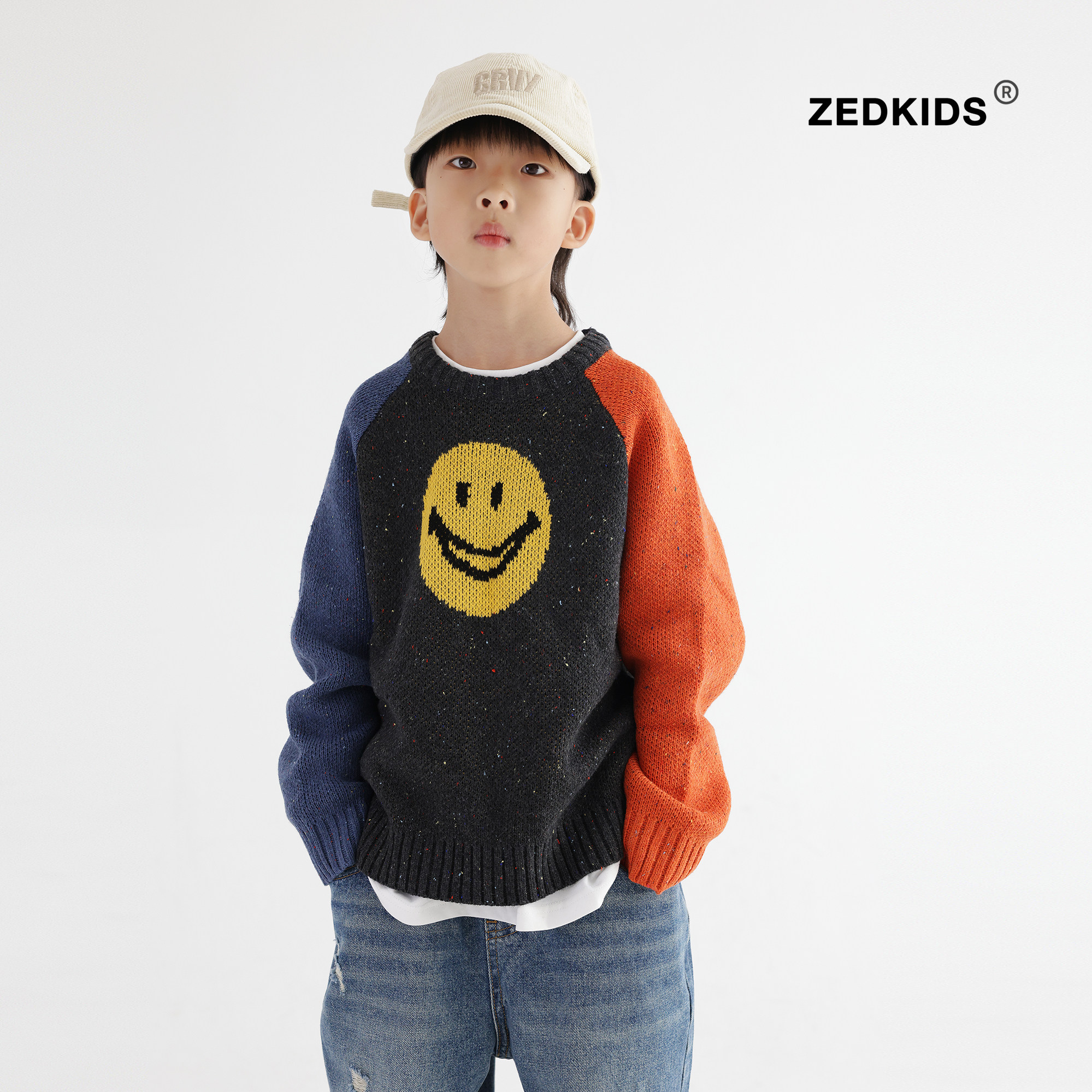 儿童套头毛衣2025冬季男童女童笑脸针织衫撞色插肩袖毛衫中大童装,童装/婴儿装/亲子装,毛衣/针织衫,淘宝优惠券,粉丝福利购,淘宝优惠卷