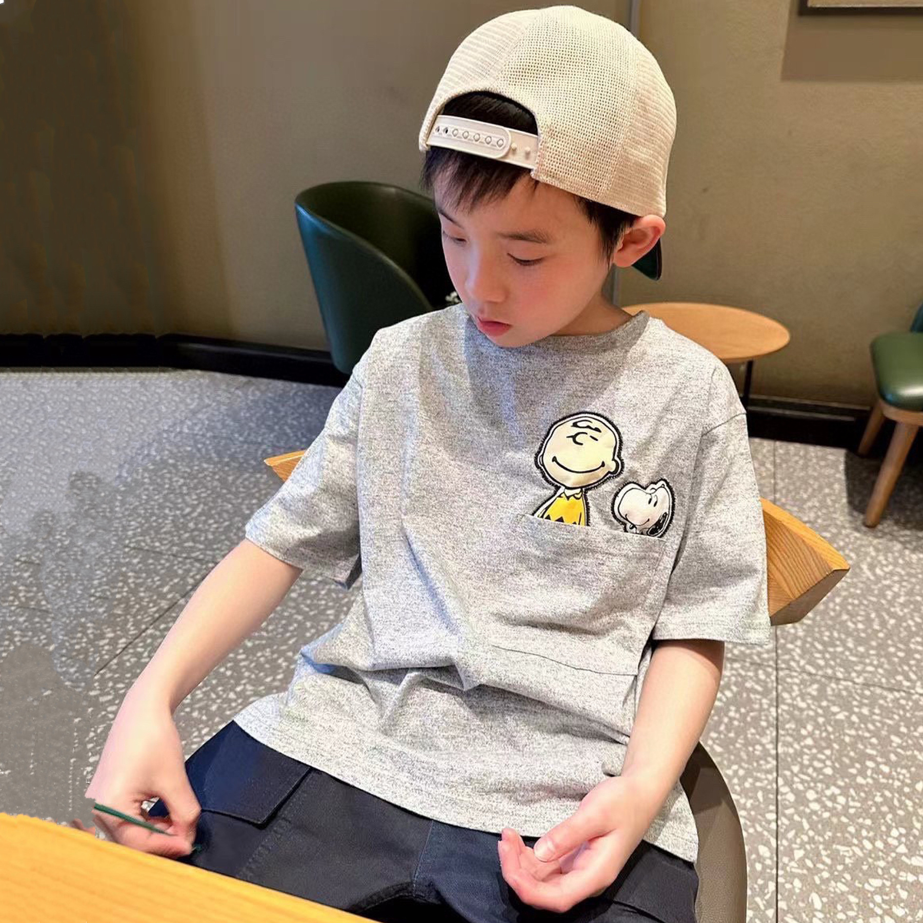 儿童纯棉短袖T恤夏季男女童立体小狗口袋灰色半袖上衣夏装衣服潮