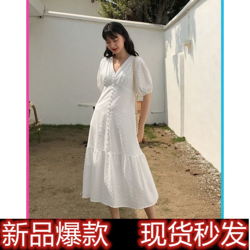爱蔷薇智熏法式V领白色连衣裙子宽松女仙2020夏季大码显瘦中长款