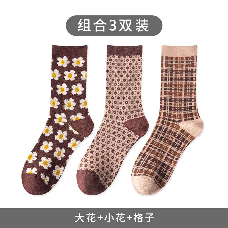 커피색 양말 여성용 종아리 중간 양말 봄 가을 일본 트렌드 복고풍 파일 양말 마름모 스타킹