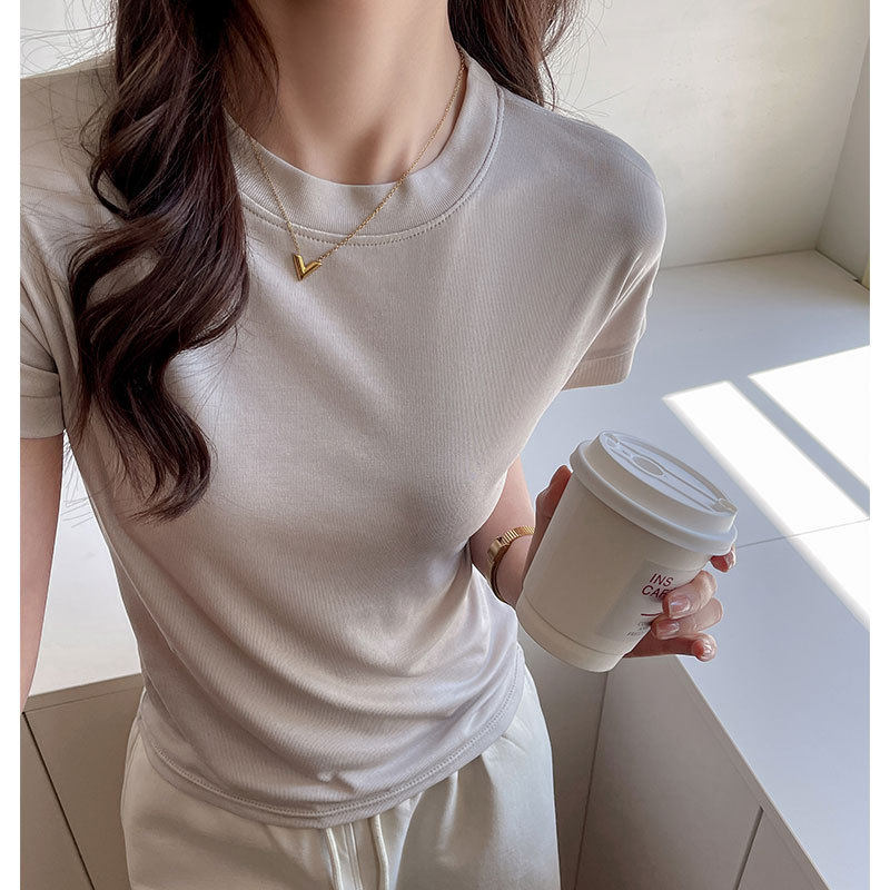 严选莱赛尔天丝短袖t恤女夏季白色百搭正肩高级感显瘦慵懒小上衣