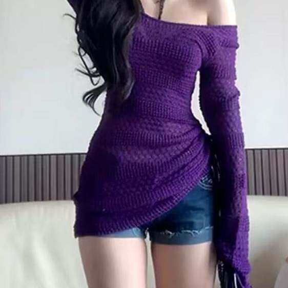 紫色喇叭长袖镂空调针织罩衫女早春季纯欲辣妹外搭薄露肩防晒上衣