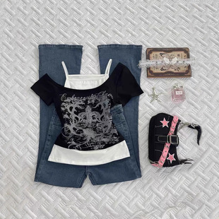 亚文化y2k千禧辣妹亚比美式复古假两件斜肩印花T恤女夏季短袖上衣