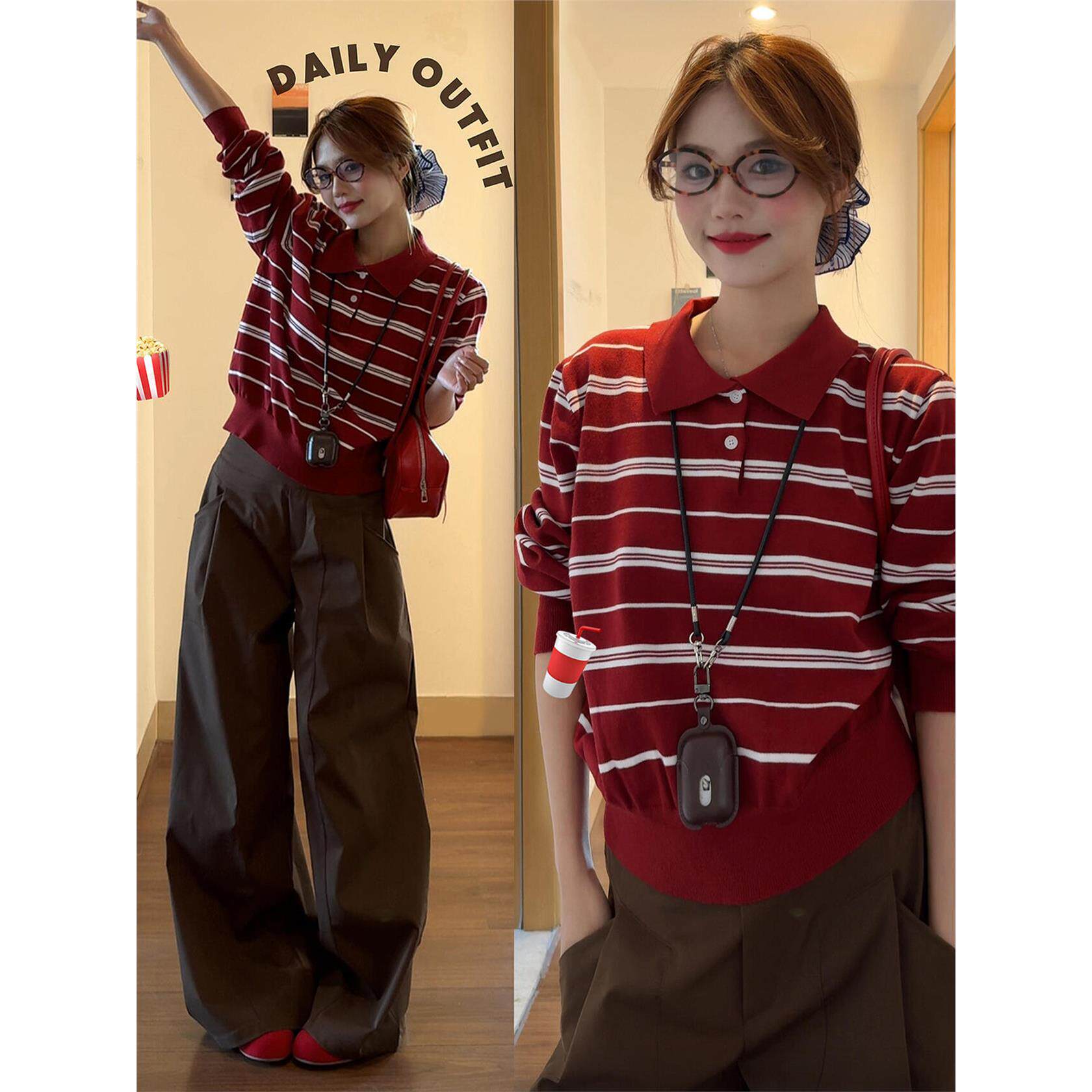 早秋季长袖t恤女2025新款韩系穿搭设计感红色条纹针织polo衫上衣