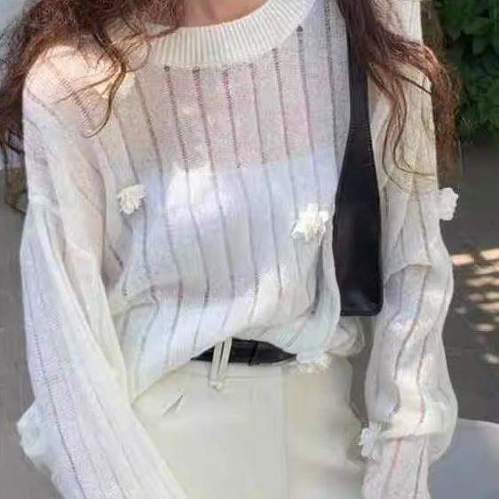 慵懒风立体花朵薄款针织衫女2026春夏高级感镂空宽松百搭防晒上衣