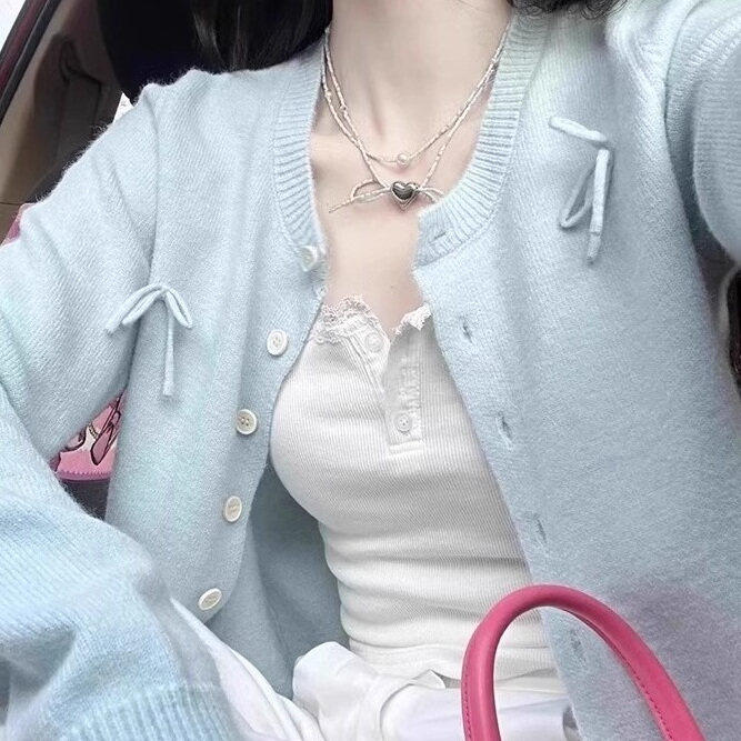 蓝色温柔小香风蝴蝶结针织开衫女春秋奶fufu软糯毛衣外套短款上衣