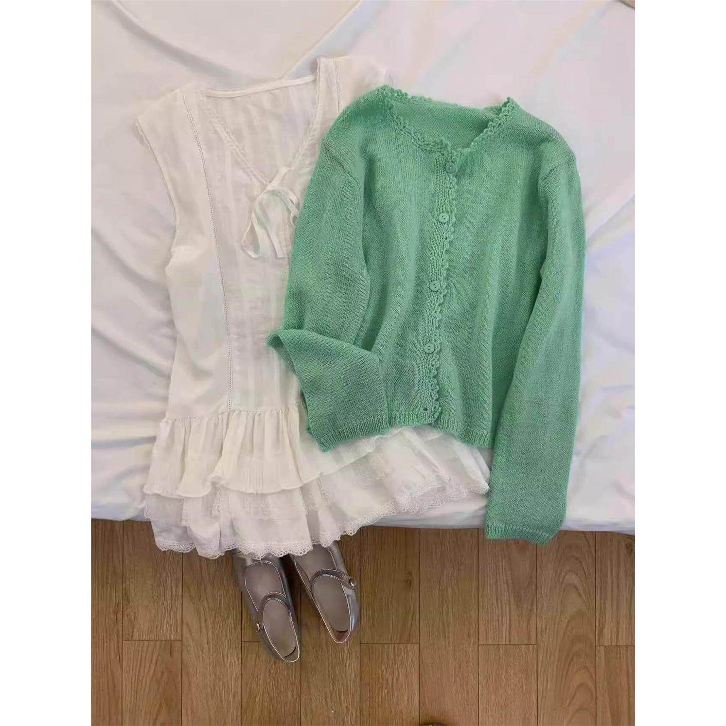 韩系慵懒苹果绿色浣熊绒毛衣外套女春秋高级感外搭多巴胺针织开衫