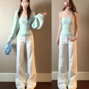 韩系漂亮绿色长袖针织开衫女早春季chic穿搭氛围感吊带上衣两件套