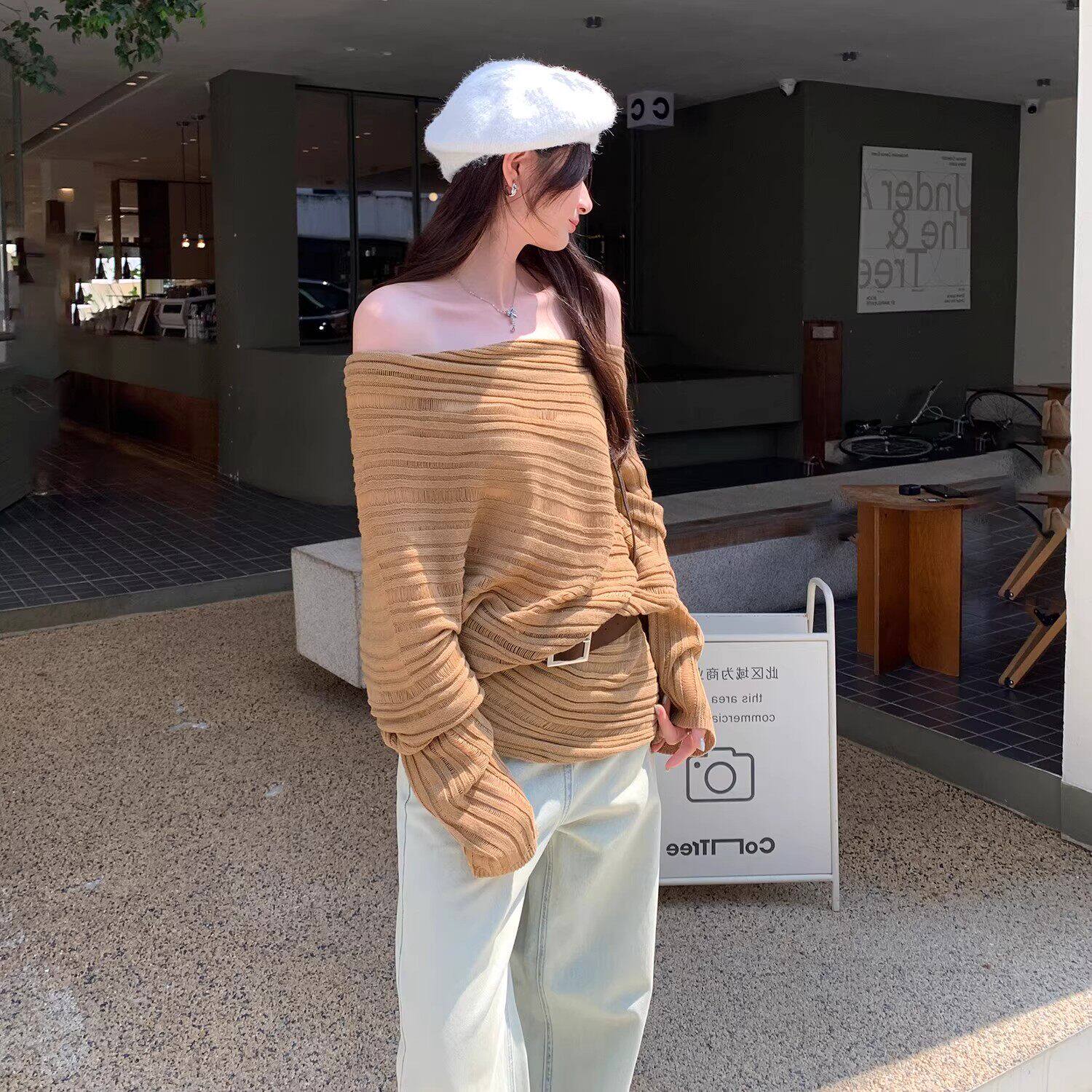 宽松慵懒风斜肩长袖针织衫女2026新款早秋镂空薄款高级感露肩上衣