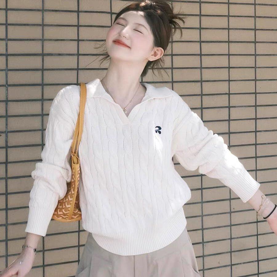 polo翻领麻花白色毛衣女秋冬慵懒风针织打底衫chic别致内搭女上衣