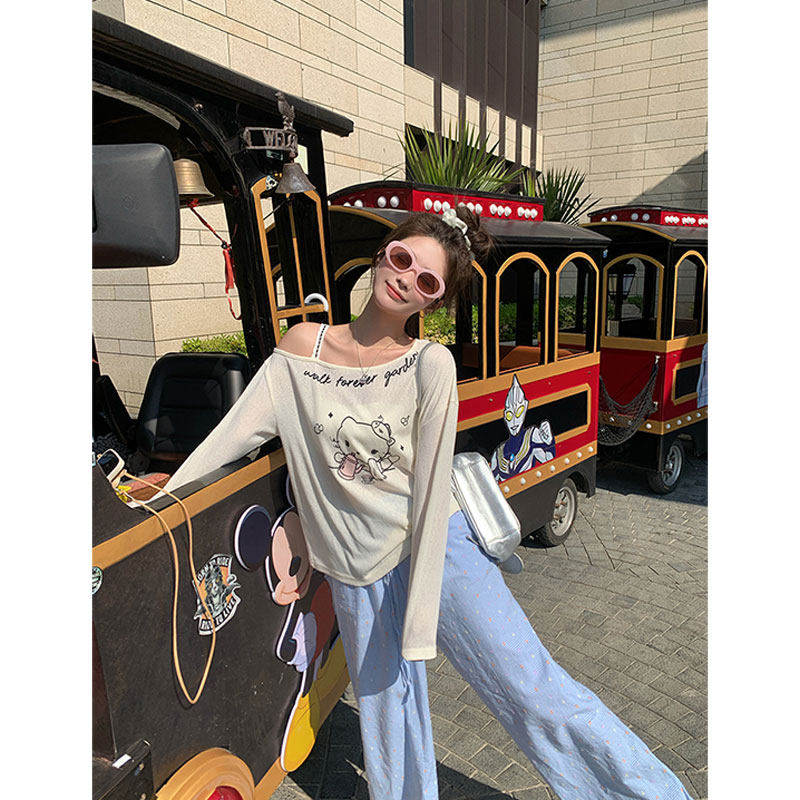 美式慵懒风长袖t恤女春夏新款卡通印花薄款防晒罩衫宽松休闲上衣