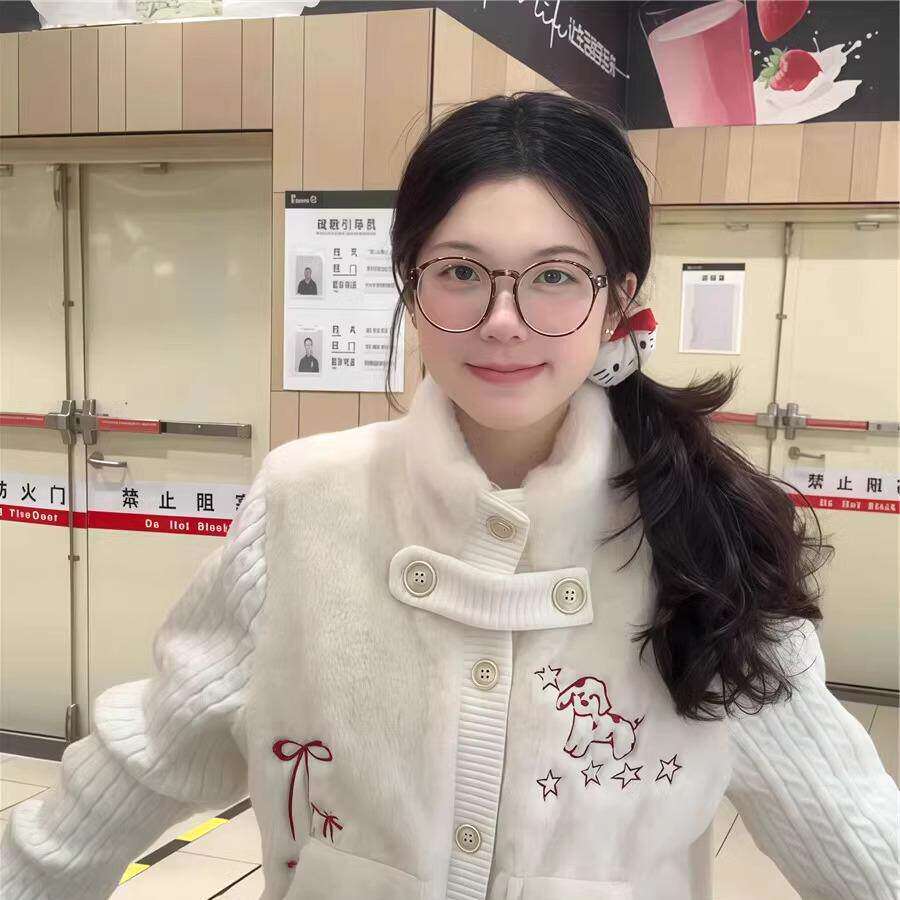 韩系甜美针织拼接宽松外套女冬季小个子短款慵懒松弛加厚毛衣开衫