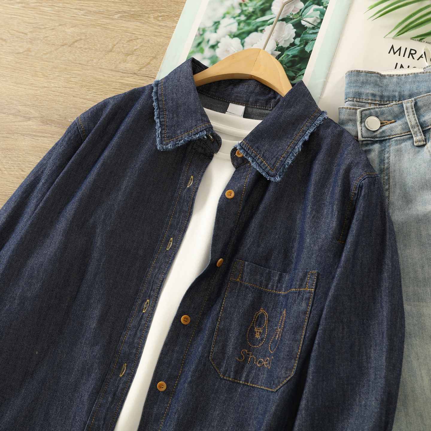 韩版设计感流苏深蓝色纯棉牛仔衬衫女秋复古叠穿刺绣口袋衬衣外套