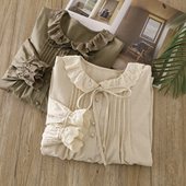 2024春新款 女 清新森女系文艺简约压褶系带花边领纯色百搭宽松衬衫