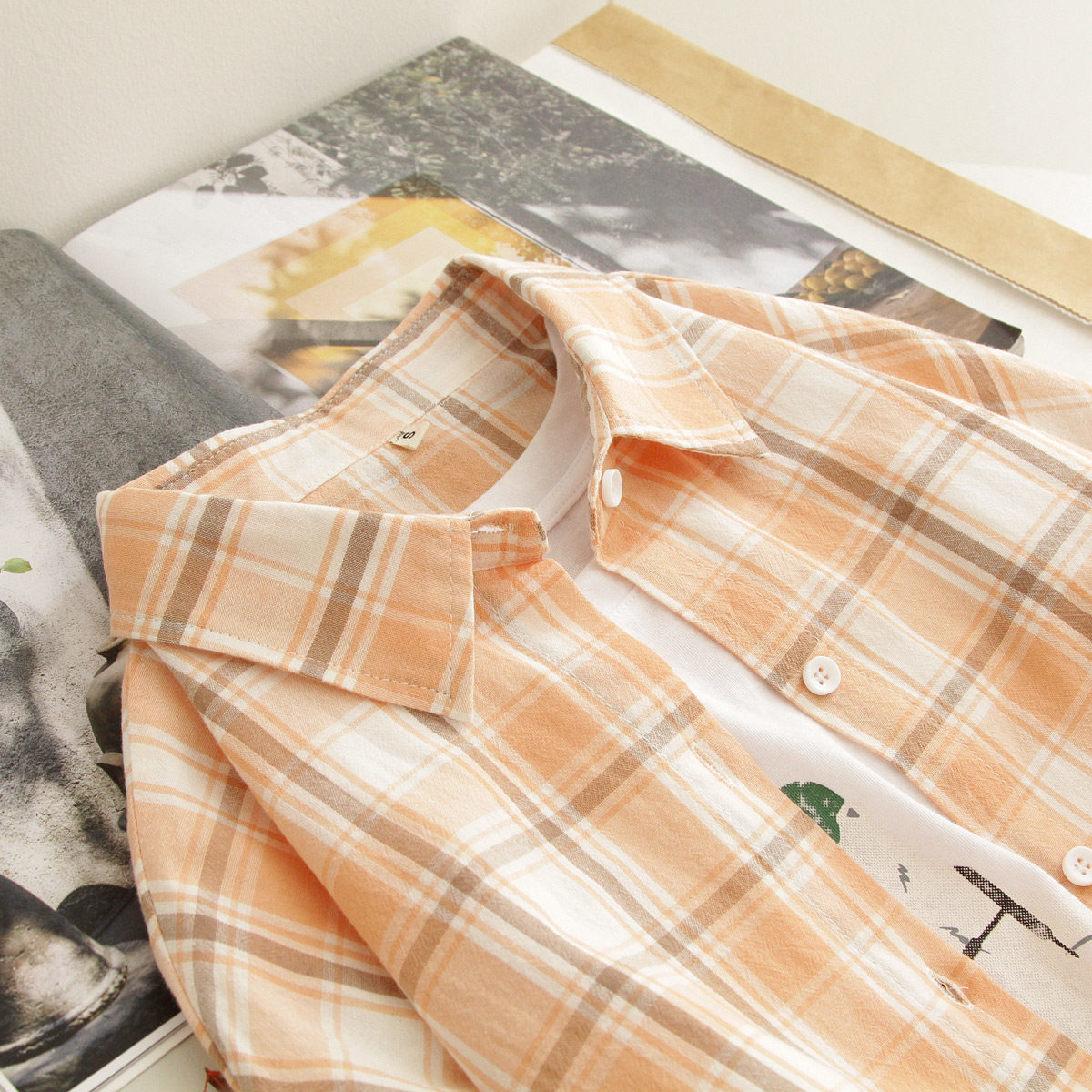 日系小清新格纹衬衫女长袖ins小众舒适打底显瘦减龄甜美衬衣外套