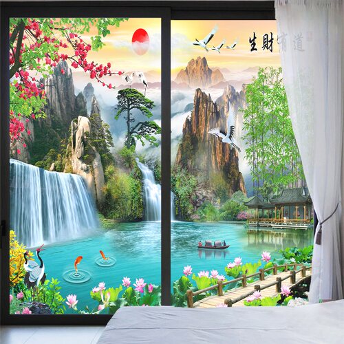 风景画玻璃窗防窥膜卫生间窗户贴纸防走光磨砂玻璃贴纸透光不透明