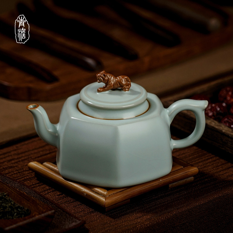 汝窑茶壶泡茶家用单壶原矿泥料复古手工汝瓷开片景德镇陶瓷卧虎壶