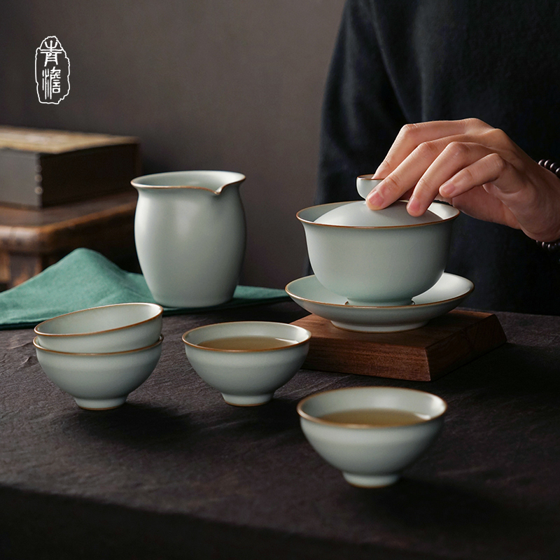 景德鎮功夫茶具套裝家用禮盒裝手工陶瓷汝窯三才蓋碗茶杯中式小套