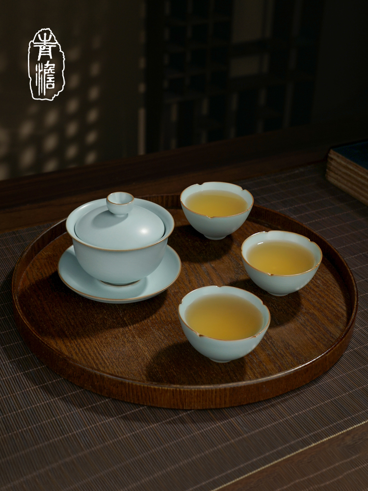 汝窑盖碗茶杯套装礼盒装景德镇汝瓷功夫茶具冰裂开片可养复古青瓷
