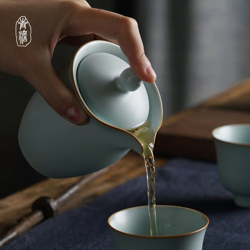 青澹汝窑便携式手抓壶景德镇陶瓷