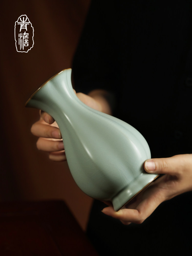 景德镇陶瓷向日葵口瓶装饰品客厅插花古董汝窑瓷器中国手工青瓷礼