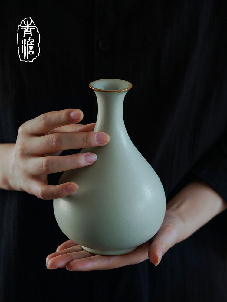 汝窑玉壶泉瓶景德镇陶瓷花瓶装饰品客厅插花无障碍豪华古董瓷器礼