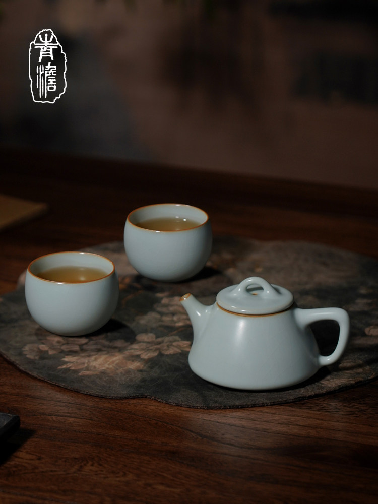 汝窑茶壶套装景德镇陶瓷一壶两杯覆古汝瓷手工茶具石勺蓝宝石礼盒