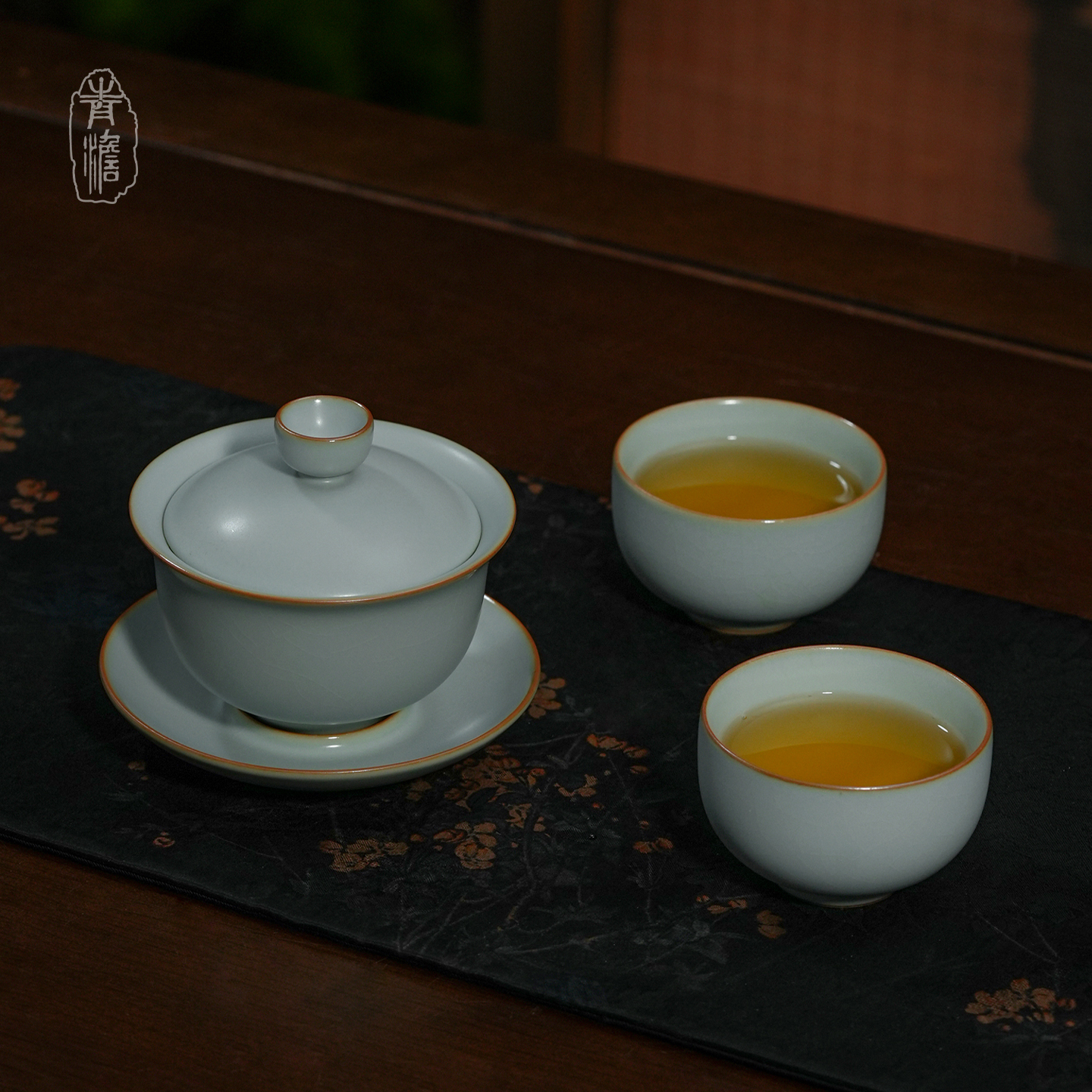 青澹汝窑盖碗茶组景德镇高端陶瓷